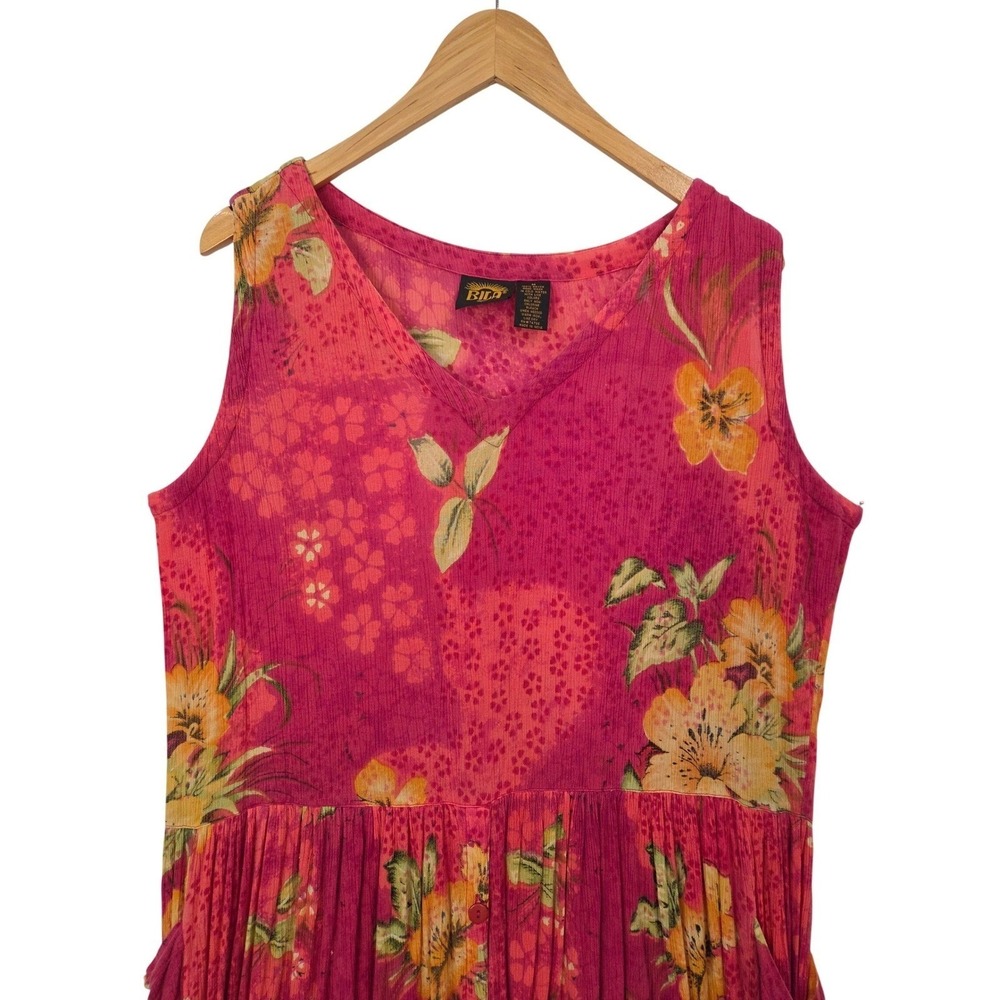 Bila M Rayon Floral Midi Dress Pink Sleeveless V Neck Button Front Pockets Boho - Picture 4 of 12